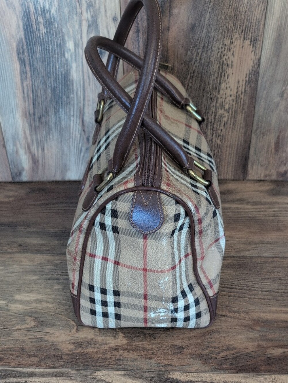 Burberry Vintage Nova Haymarket Check Print Woven Pattern Leather Trim - Picture 3 of 16